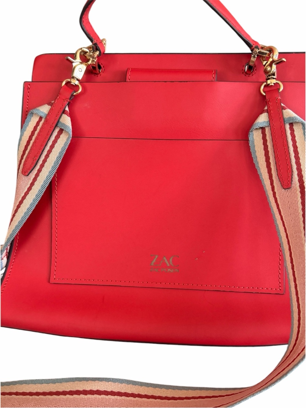 ZAC Zac Posen Red Leather Satchel with Striped Canvas Strap